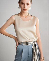 Women’s white crew neck sleeveless silk top, solid color tank style with a regular fit, perfect for spring summer office or casual wear.