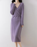 V-Neck Lace-Up Merino Wool Knit Dress