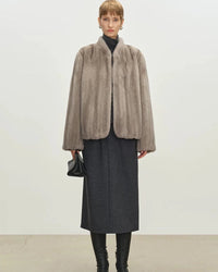 Faux Mink Fur Solid Stand Collar Pocket Short Coat