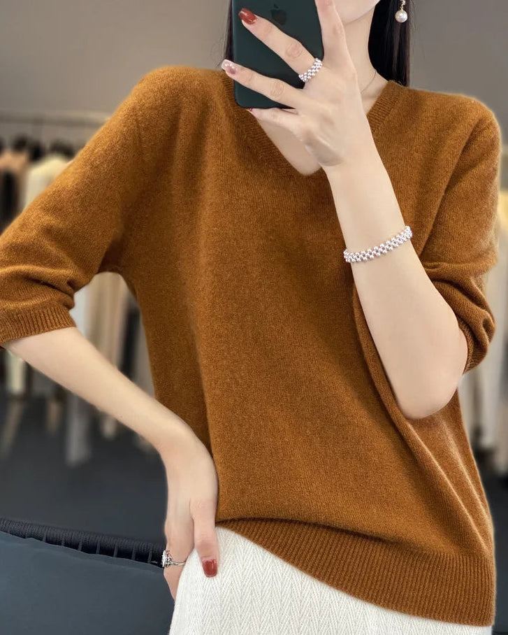 Merino Wool V-Neck Short-Sleeve Sweater