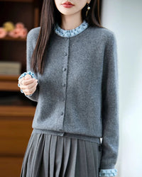 100% merino wool solid fringe collar button knit cardigan. Soft, slight stretch, and regular fit — an elegant preppy spring autumn winter knitwear top for women.