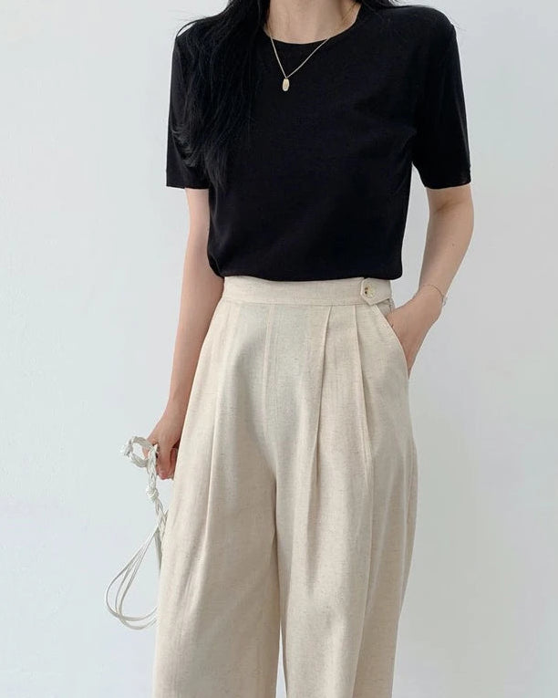 High-Waisted Cotton-Linen Straight Leg Pants
