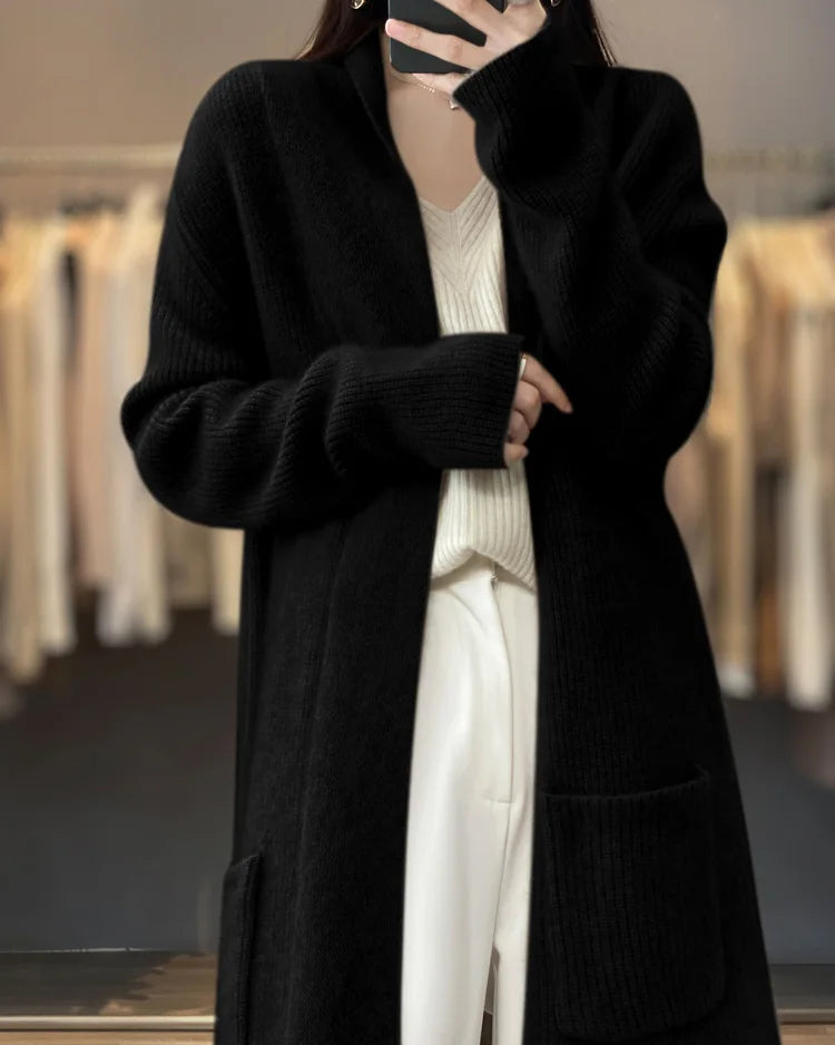 Wool Solid V-Neck Pocket Loose Long Knit Cardigan