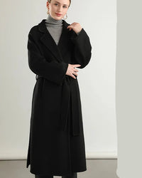 Notch Lapel Belted Wool Long Coat