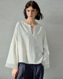 Linen V-Neck Long-Sleeved Openwork Loose Shirt
