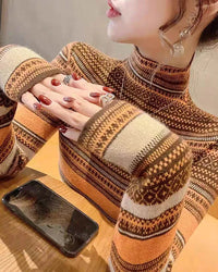 Striped half-high collar slim knit pullover. Medium stretch and slim fit — an elegant vintage office lady autumn winter knitwear top for women.