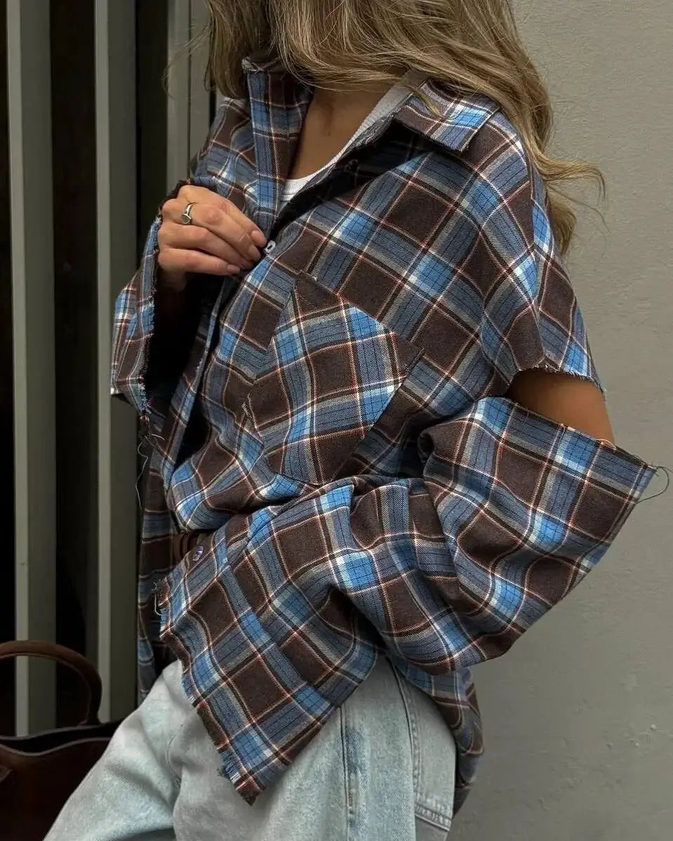 Plaid Lapel Single-Breasted Pocket Loose Shirt