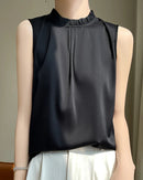 Loose And Casual Satin Vest T-Shirt With Ruffled Collar