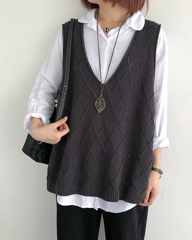 Oversized V-Neck Hollow Knit Vest