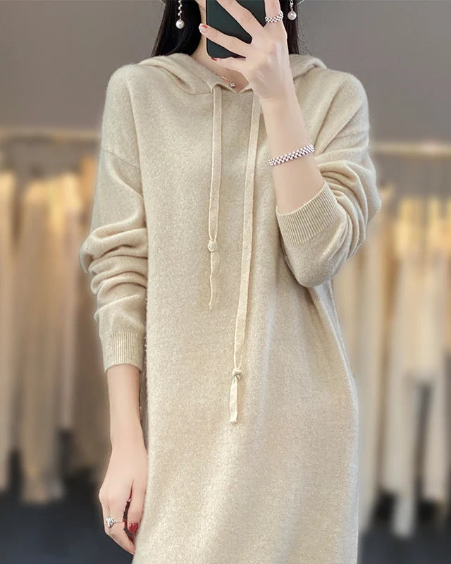 Merino Wool Hooded Midi Knit Dress