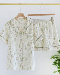 Women's Cotton gauze-print pajama set featuring a turn-down collar and short sleeves, crafted for breathable comfort with a playful print that moves seamlessly from lazy evenings to restful mornings.