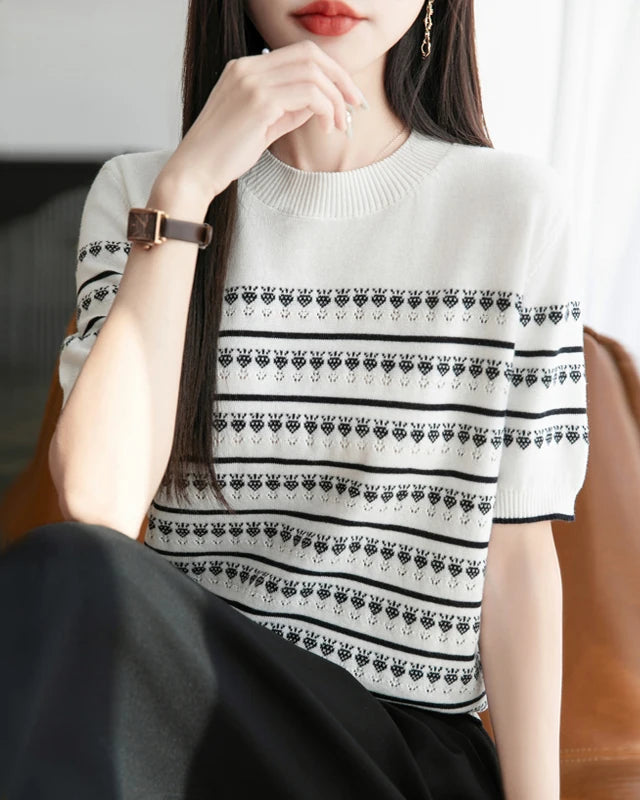 Cotton Striped Jacquard Crew Neck Knit Tee