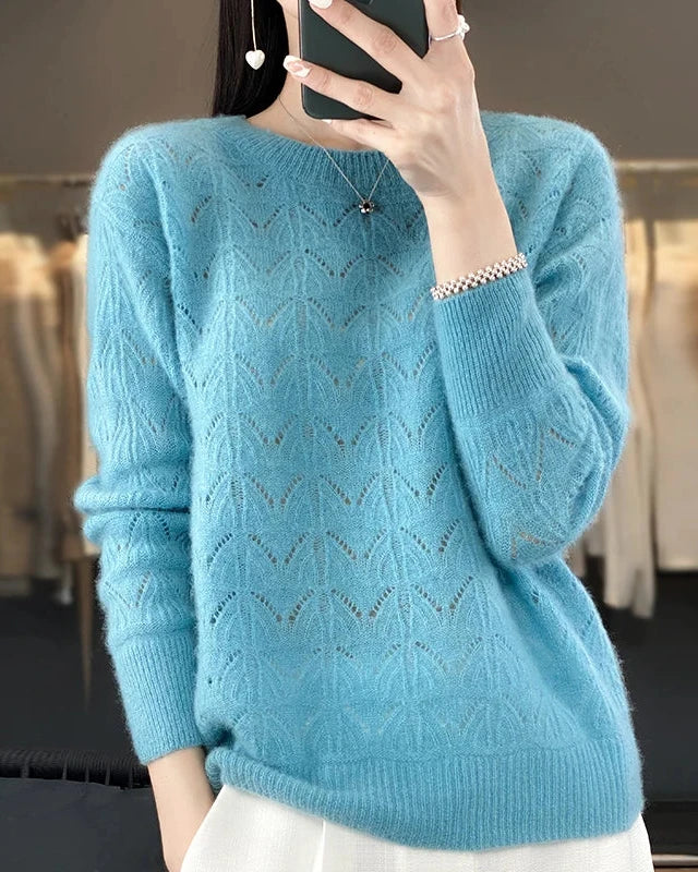 Openwork Wool Crewneck Sweater