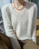 Openwork Mink Cashmere V-Neck Sweater
