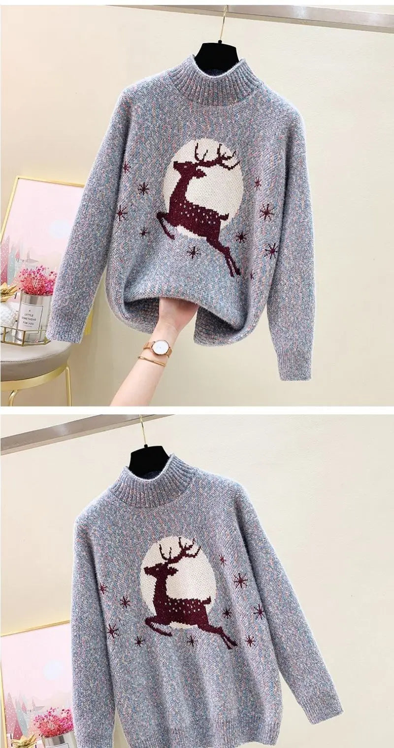 Elk printed Mink Velvet Mock Neck Sweater