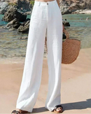 Women's high-waisted wide-leg cotton and linen pants, featuring a breathable lightweight blend and button fly for effortless ease from beach boardwalk to city street.