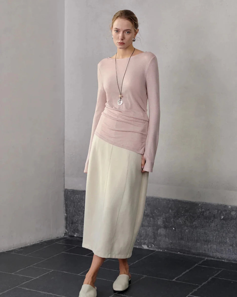 Crew Neck Long-Sleeved Irregular Slit T-Shirt