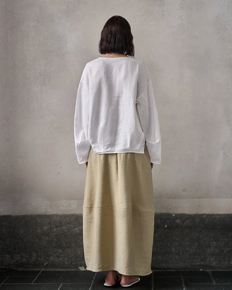 Fashionable Linen U-Neck Long-Sleeved Shirt