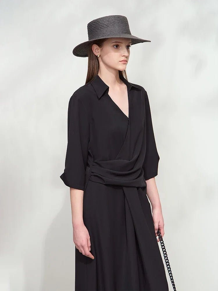 Lapel V-neck Slim Non-stretch A-Line Dress