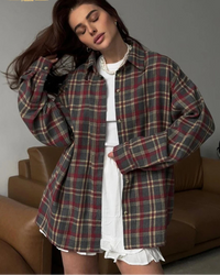 Plaid lapel single-breasted loose long shirt. Non-stretch, relaxed, and vintage — a casual streetwear blouse for women.