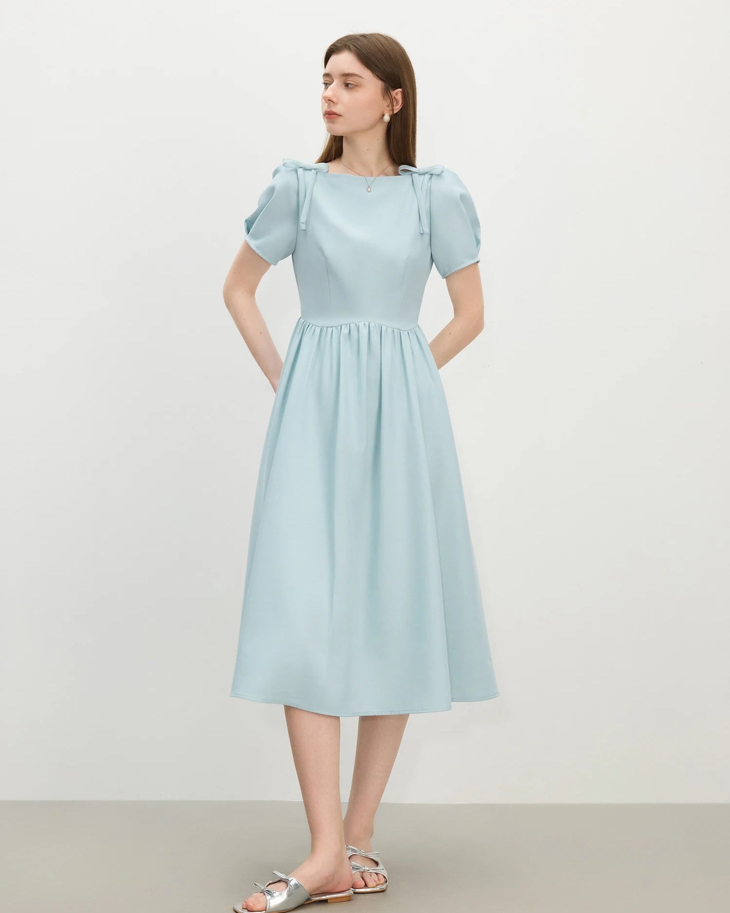 French Square Neck Bow Fitted Dress