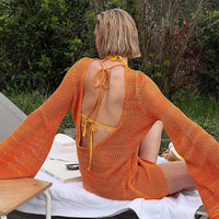 Knitted Bat Sleeves Backless Bikini Hollow Cover-Up