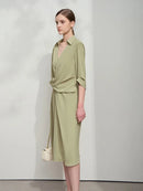 Lapel V-neck Slim Non-stretch A-Line Dress