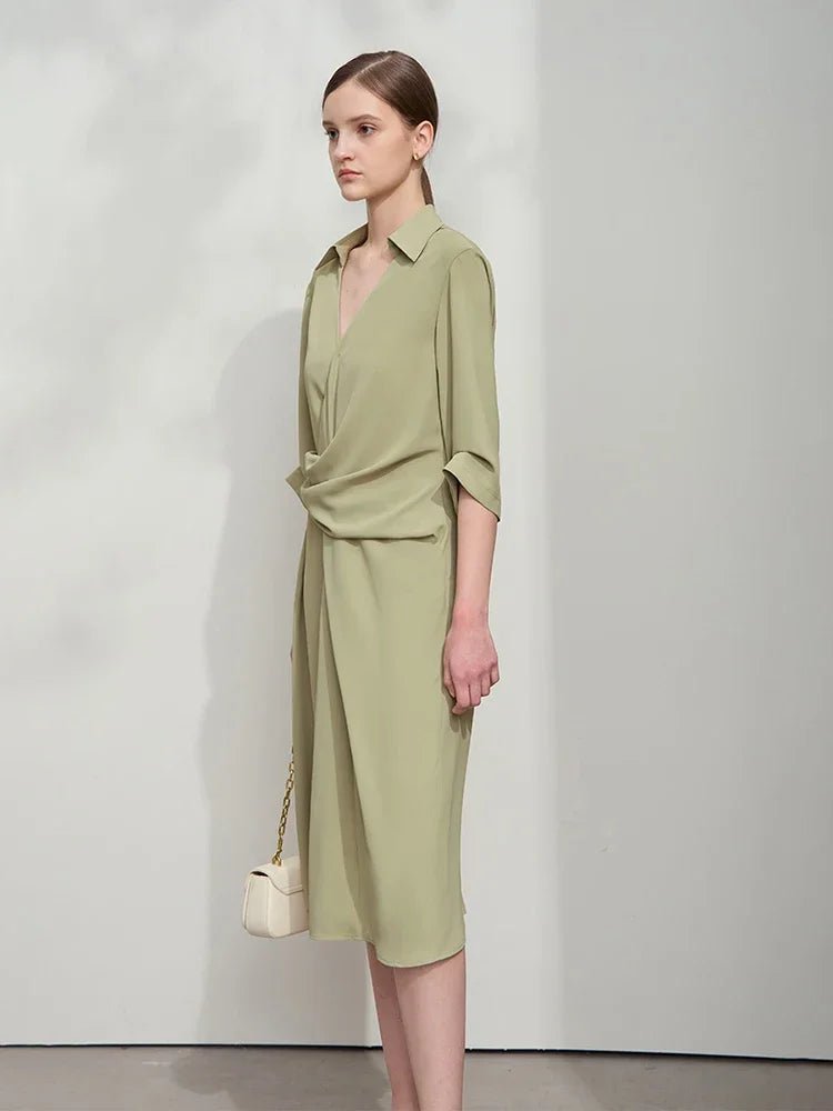 Lapel V-neck Slim Non-stretch A-Line Dress