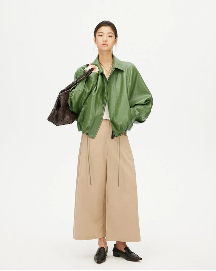 Loose-Fit Zip-Up PU Leather Short Jacket