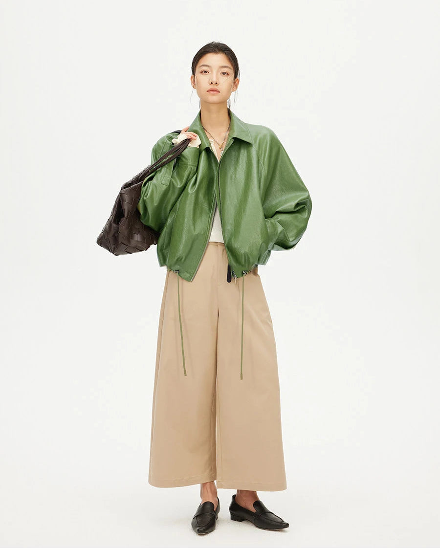 Loose-Fit Zip-Up PU Leather Short Jacket