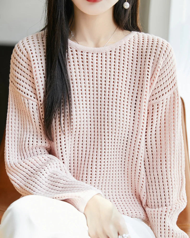 Pure Cotton Openwork Long-Sleeve T-Shirt