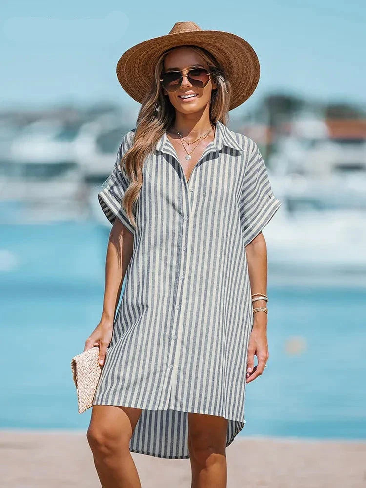 Oversized Striped Short Dolman Sleeve Shirt Dress