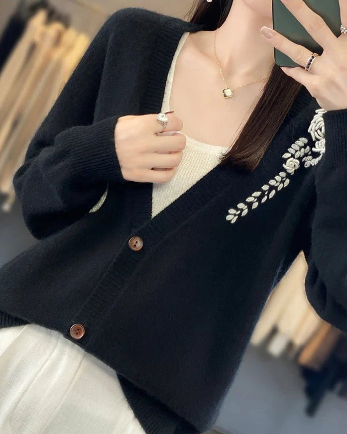 Crochet Merino Wool V-neck Cardigan