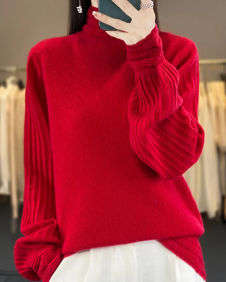 Wool Half-High Collar Lantern Sleeve Knit Pullover