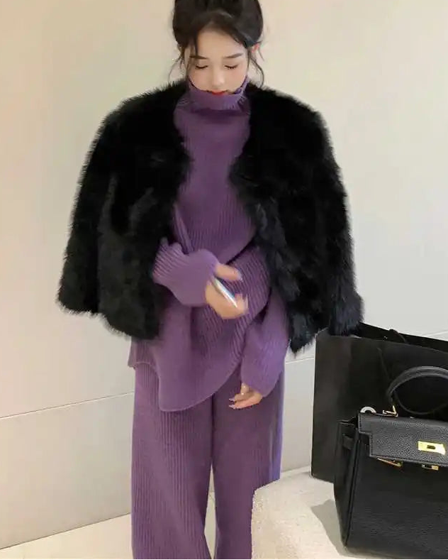 Turtleneck Knit Sweater & Wide-Leg Pants Two-Piece Set