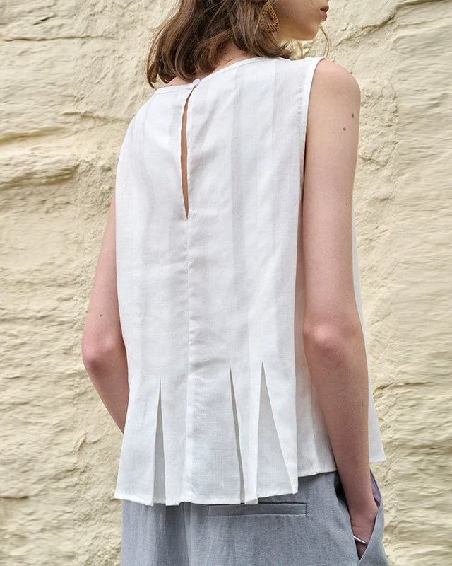 Pleated Linen Blend Sleeveless Tank Top