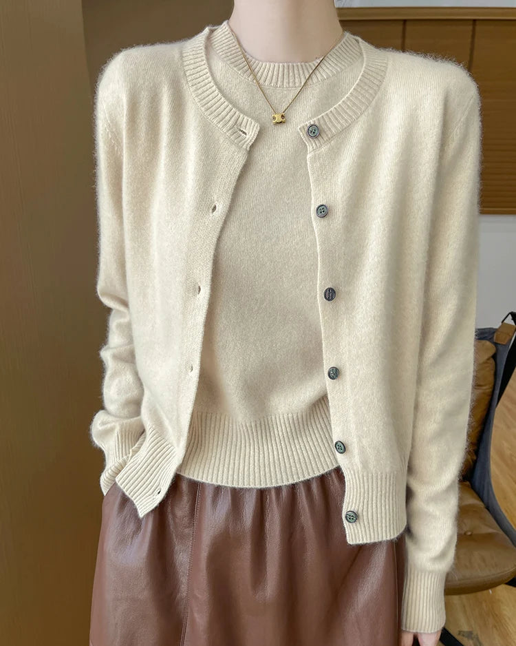 Wool Cardigan Crew Neck T-Shirt Two-Piece Sweater Set