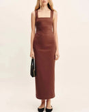 Cotton And Linen Square Neck Wide Shoulder Strap Dress