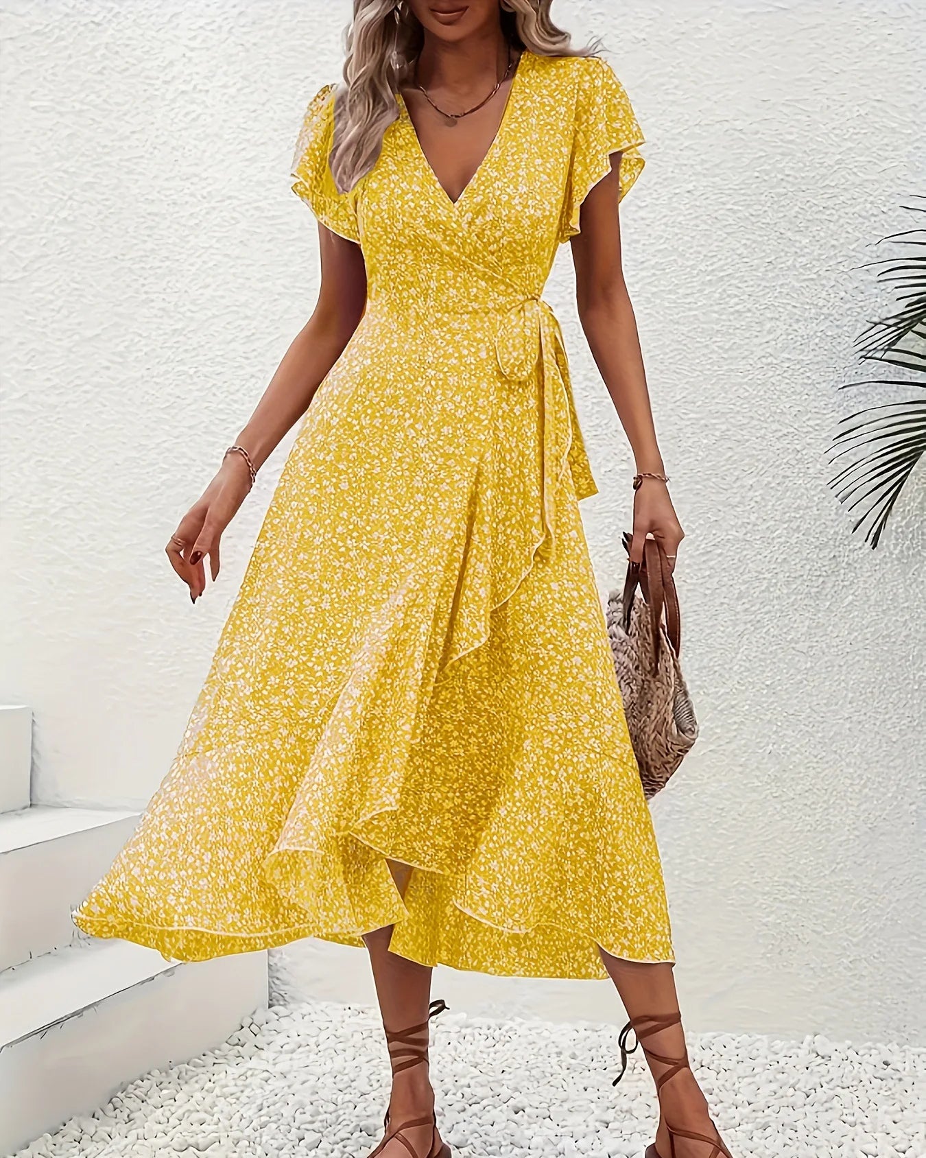 Floral Print V-Neck Lace-Up Flare Sleeve Midi Dress