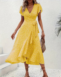 Floral Print V-Neck Lace-Up Flare Sleeve Midi Dress