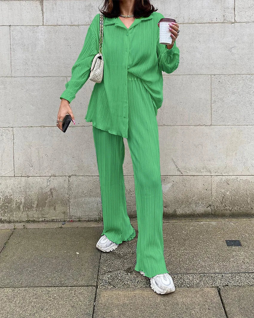 Turn-Down Collar Draped Shirt & High Waist Wide-Leg Trouser 2-Piece Set