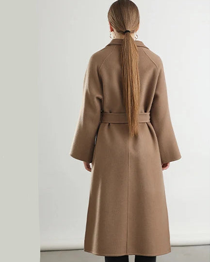 Notch Lapel Belted Wool Long Coat