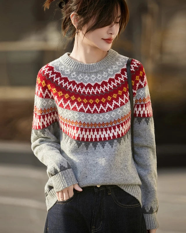 Merino Wool Geometric Round Neck Raglan Sleeve Knit Pullover
