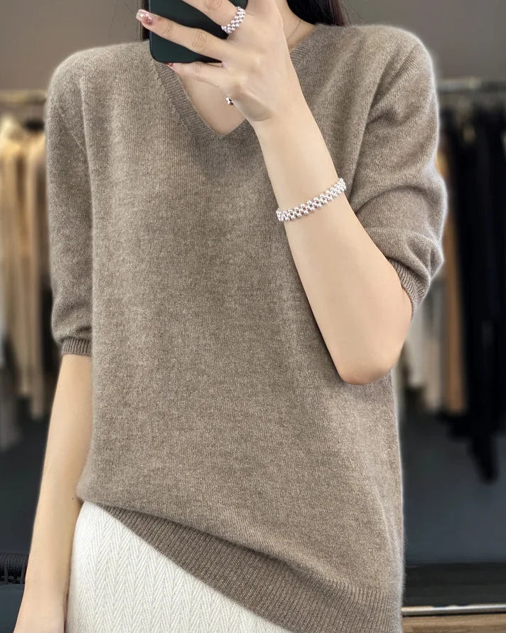 Merino Wool V-Neck Short-Sleeve Sweater