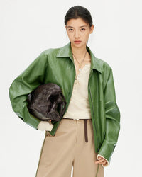 Loose-Fit Zip-Up PU Leather Short Jacket