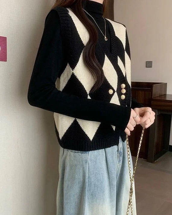 Argyle Knit Open Front Sweater Vest