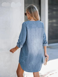 Denim V-Neck Long Sleeve Shift Mini Dress