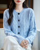 Wool O-Neck Twisted Single-Breasted Cardigan Sweater