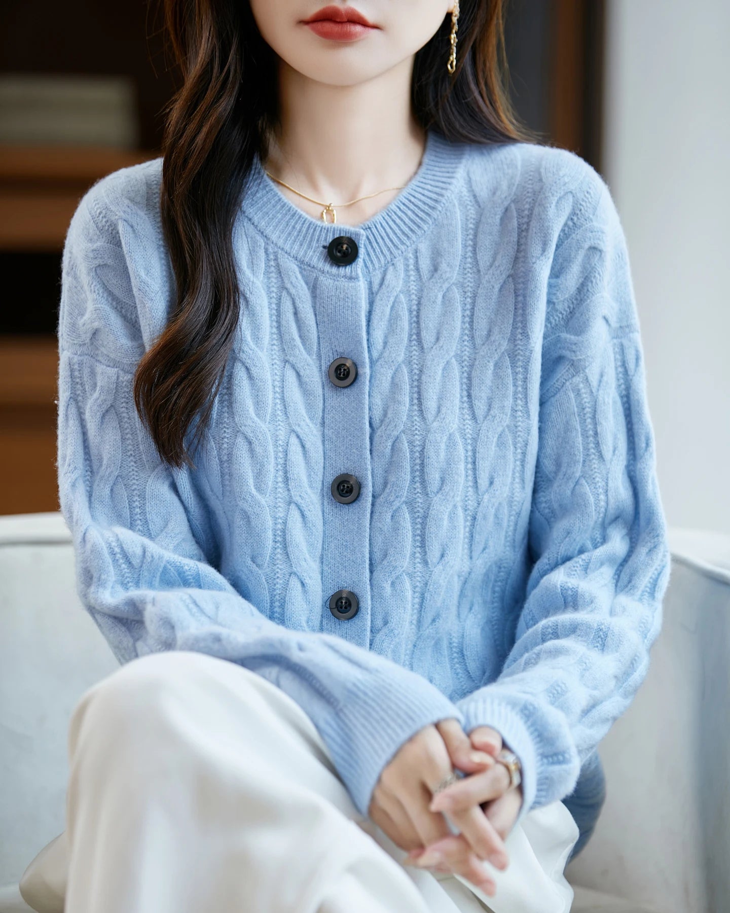 Wool O-Neck Twisted Single-Breasted Cardigan Sweater