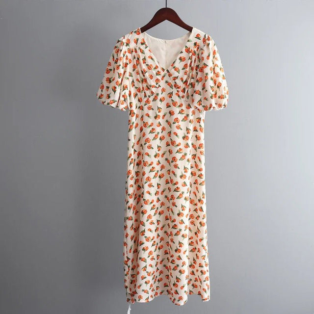 Floral Printed V-Neck Chiffon Dress